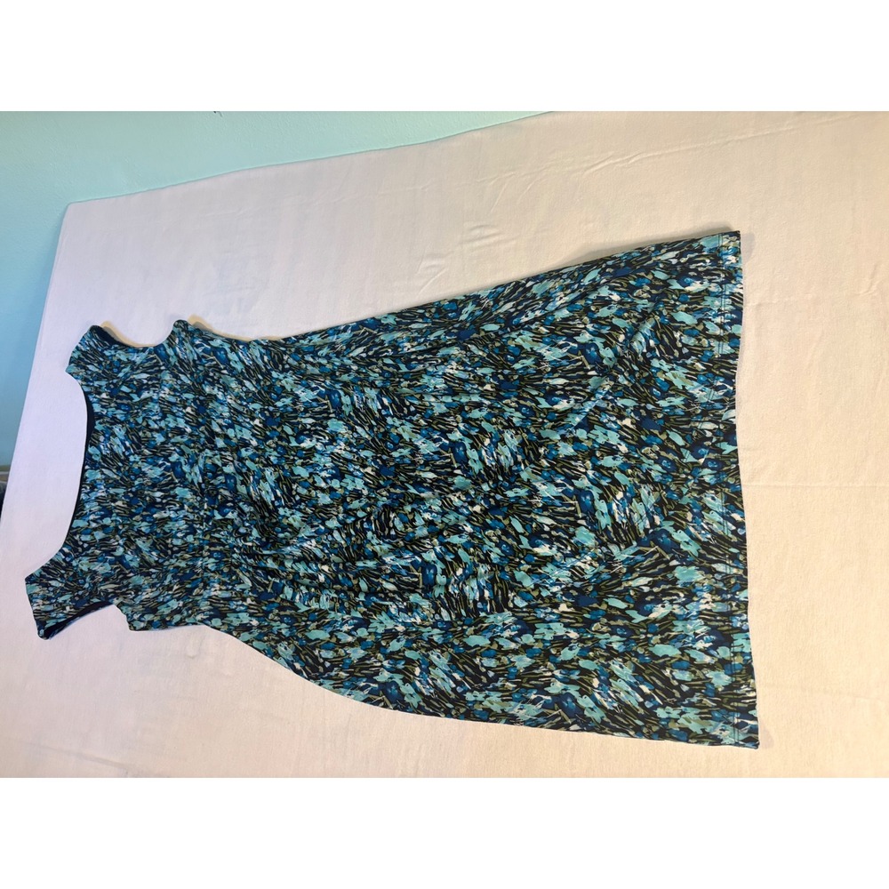 Connected Petite Women Blue Green Abstract Floral Ruched Sheath Dress 14P 1221